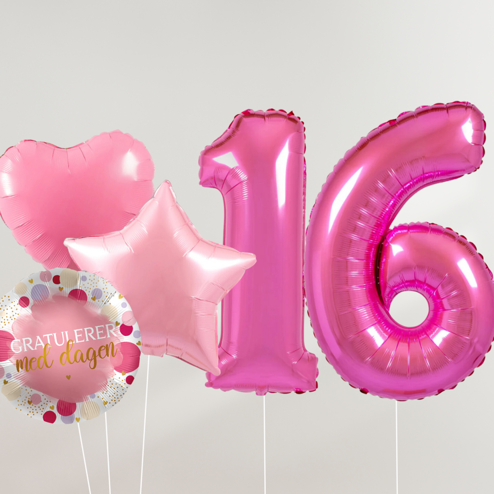16 År Ballongbukett - Rosa Hjerter og Stjerner