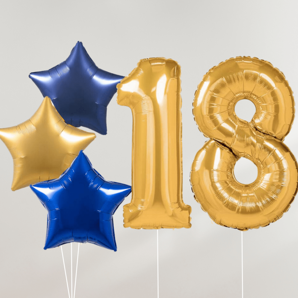18 År Ballongbukett - Gold Blue Stars - Ballonglevering.no