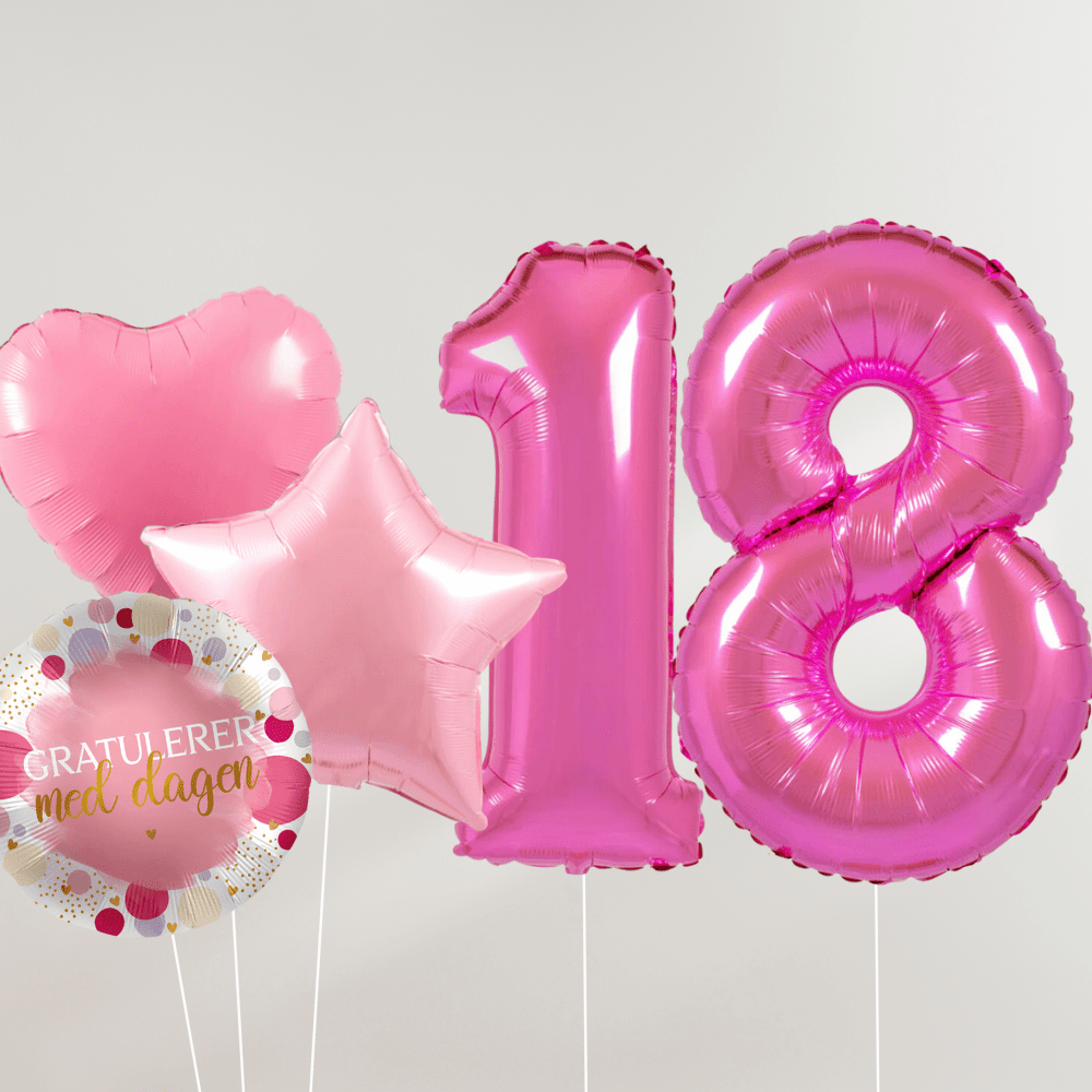 18 År Ballongbukett - Rosa Hjerter og Stjerner - Ballonglevering.no