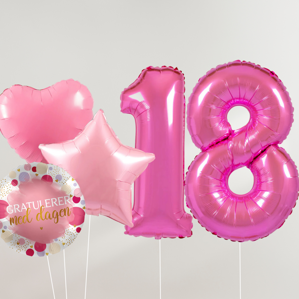 18 År Ballongbukett - Rosa Hjerter og Stjerner