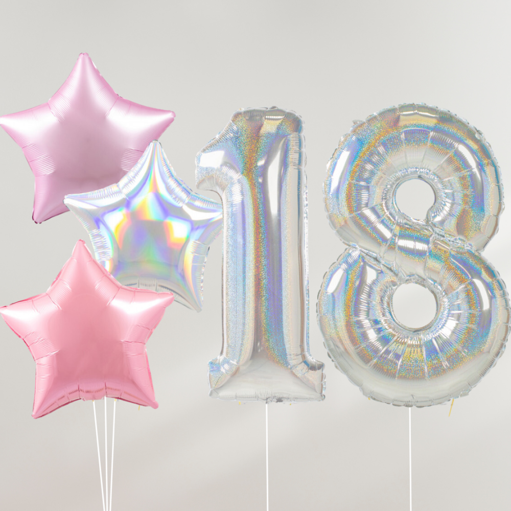 18 År Ballongbukett - Silver  Pink Stars