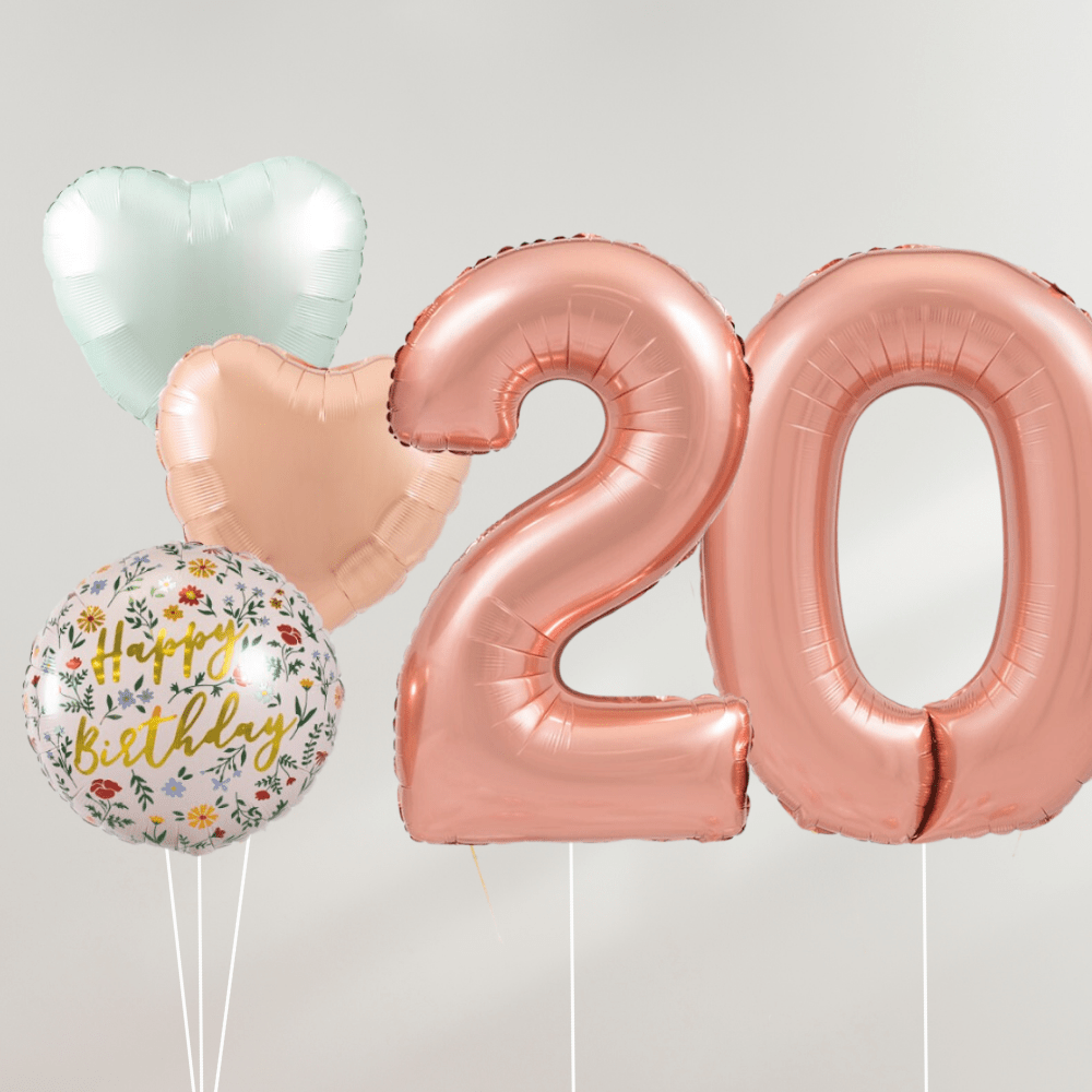 20 År Ballongbukett - Rosegold Pastel Hearts - Ballonglevering.no