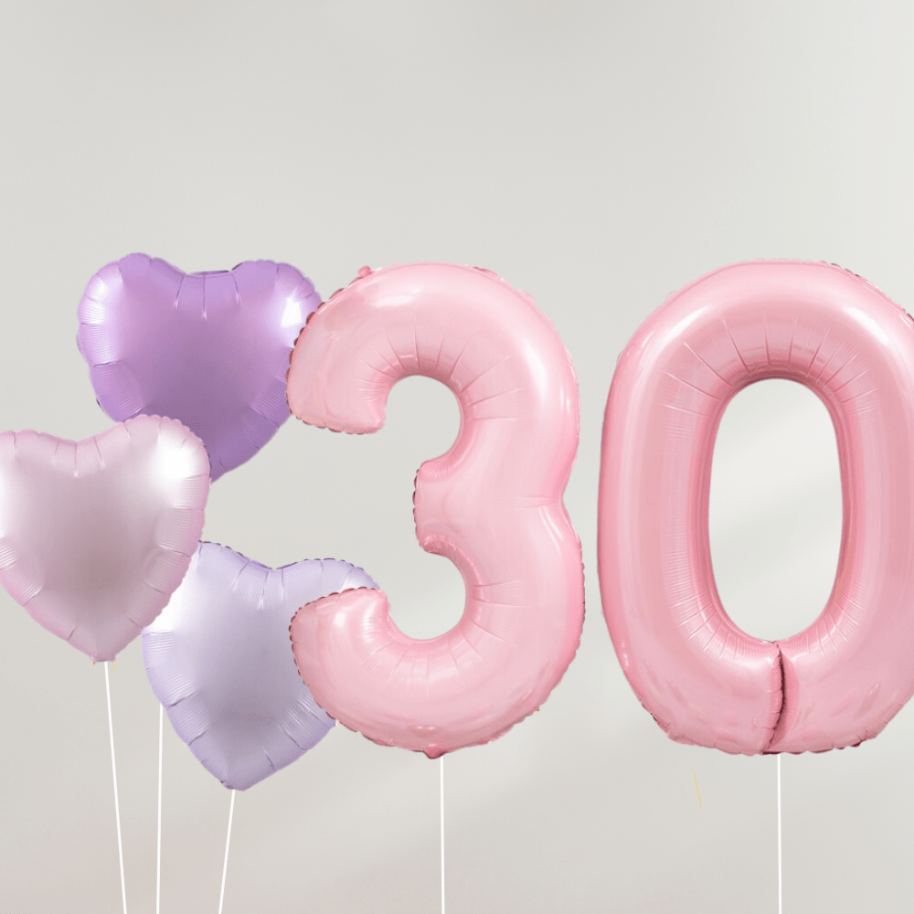 30 År Ballongbukett - Pink Pastel Hearts - Ballonglevering.no