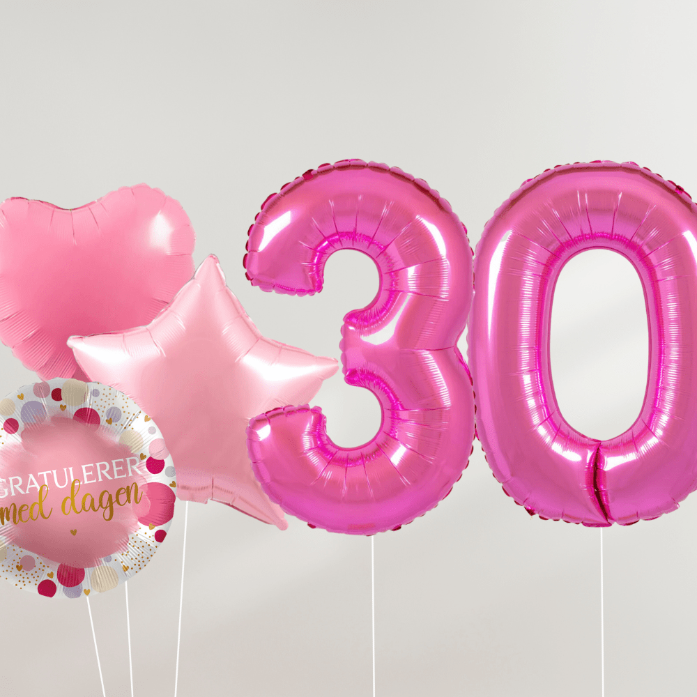 30 År Ballongbukett - Rosa Hjerter og Stjerner - Ballonglevering.no