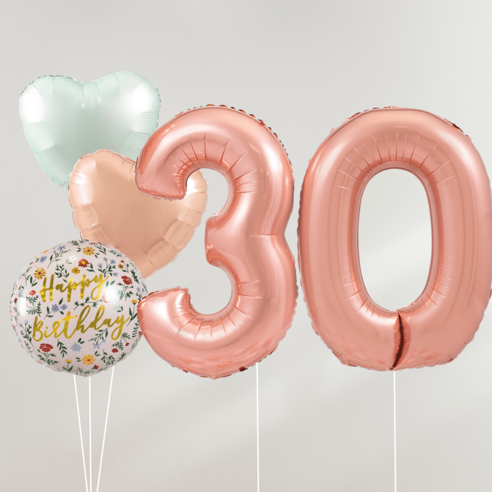 30 År Ballongbukett - Rosegold Pastel Hearts - Ballonglevering.no