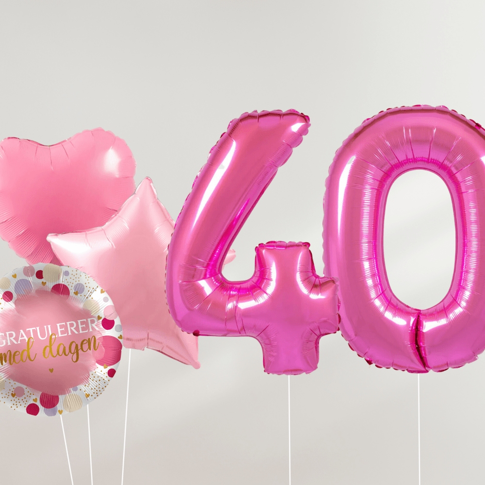 40 År Ballongbukett - Rosa Hjerter og Stjerner - Ballonglevering.no