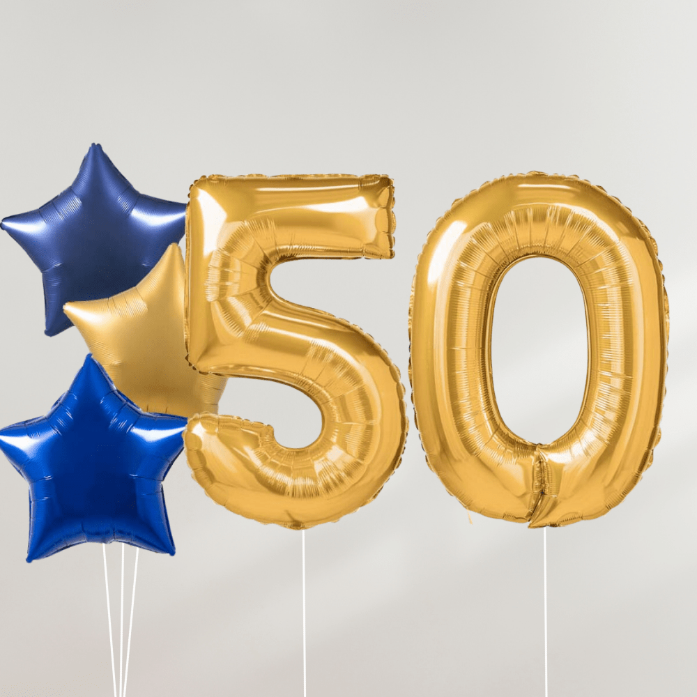50 År Ballongbukett - Gold Blue Stars - Ballonglevering.no