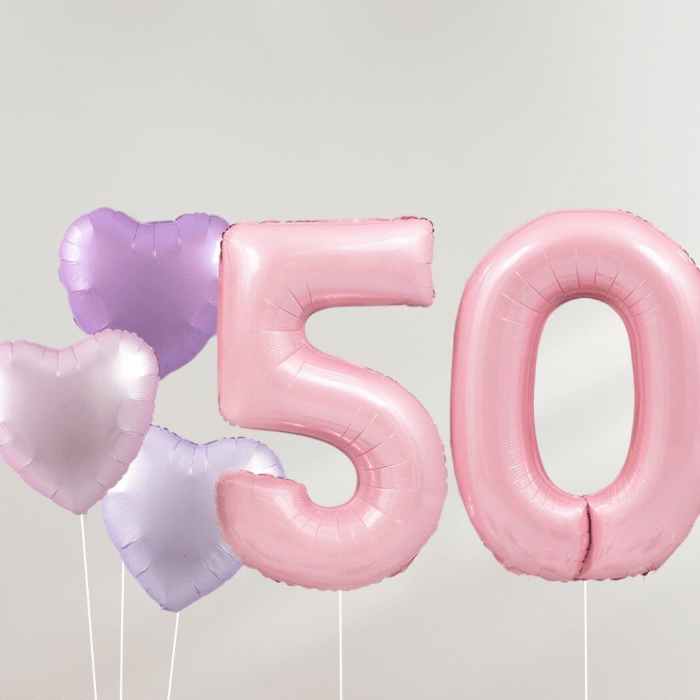 50 År Ballongbukett - Pink Pastel Hearts - Ballonglevering.no