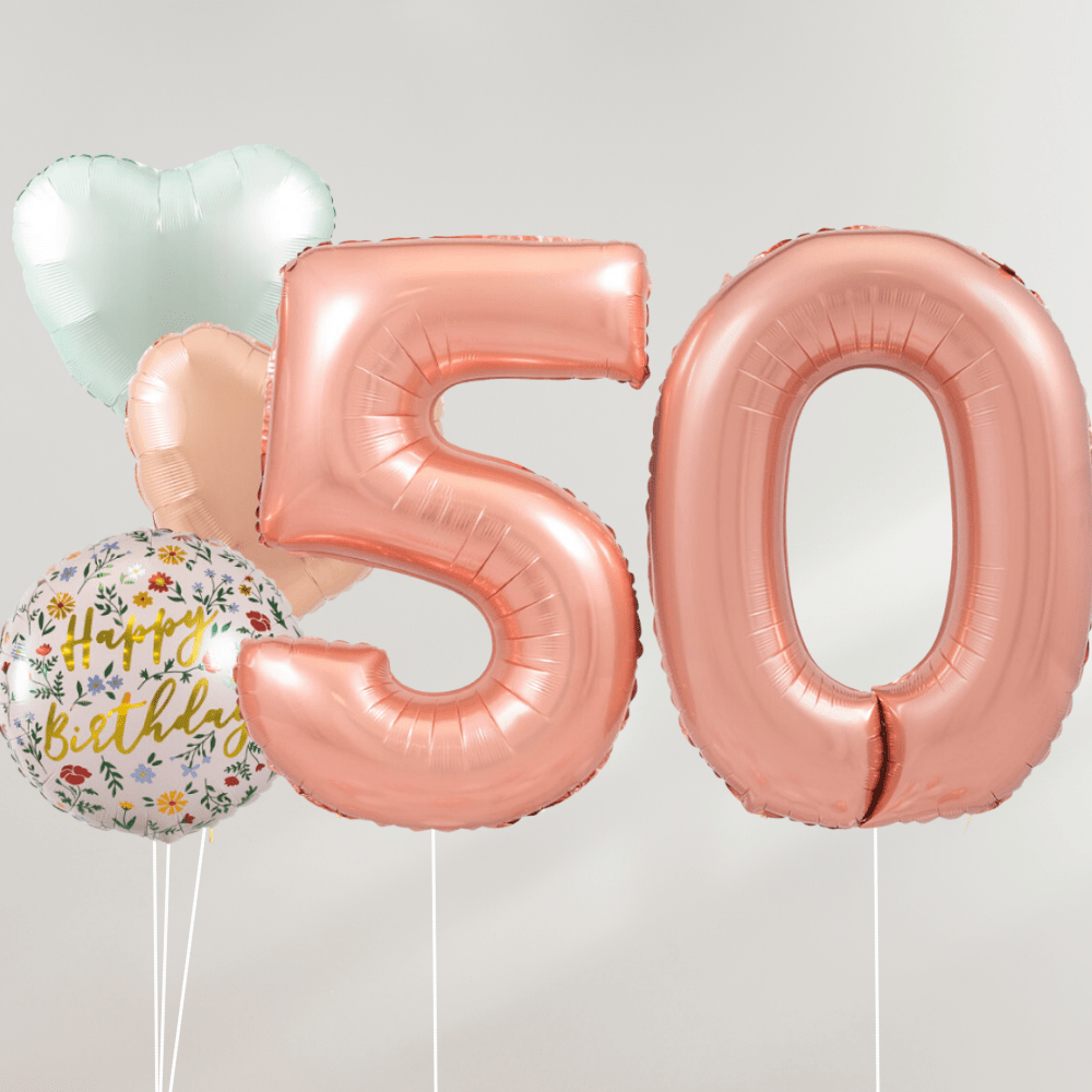 50 År Ballongbukett - Rosegold Pastel Hearts - Ballonglevering.no