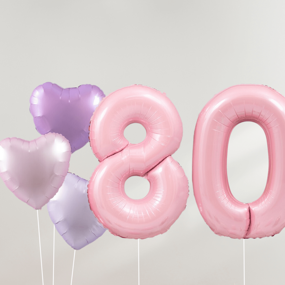 80 År Ballongbukett - Pink Pastel Hearts - Ballonglevering.no