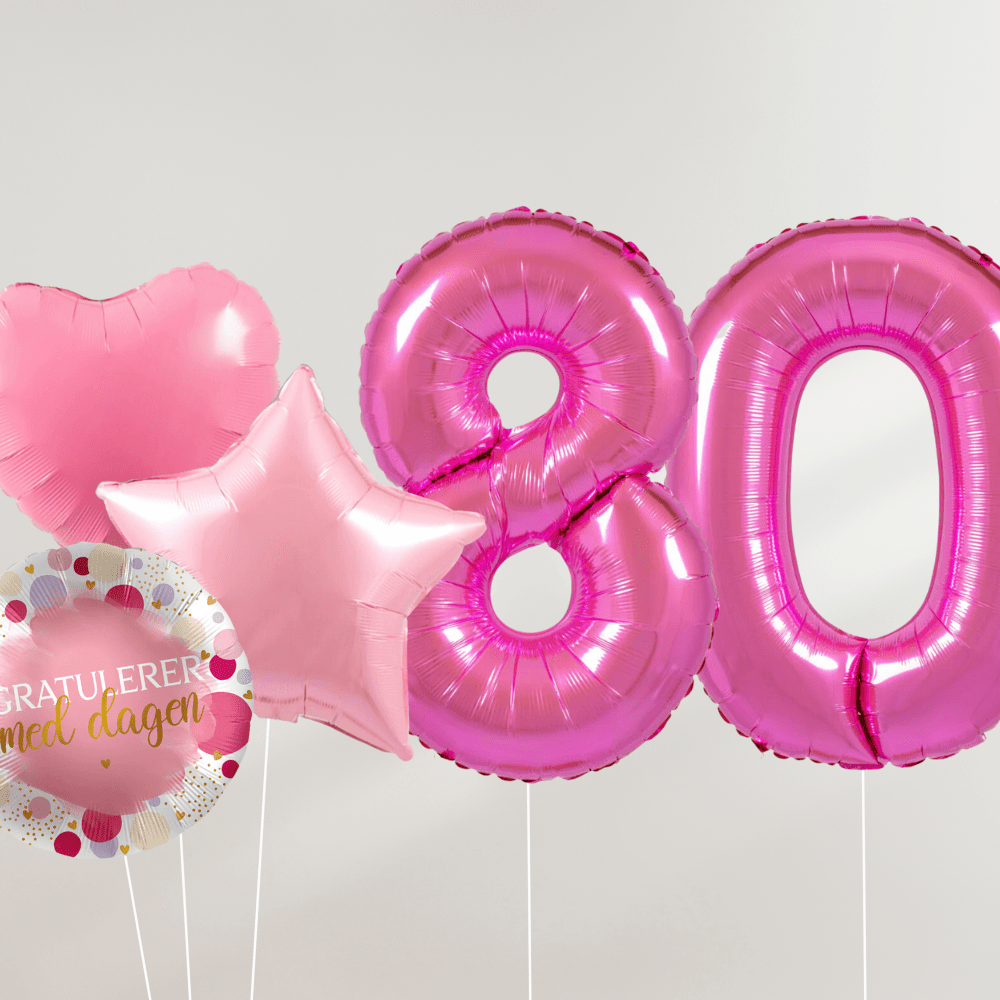 80 År Ballongbukett - Rosa Hjerter og Stjerner - Ballonglevering.no