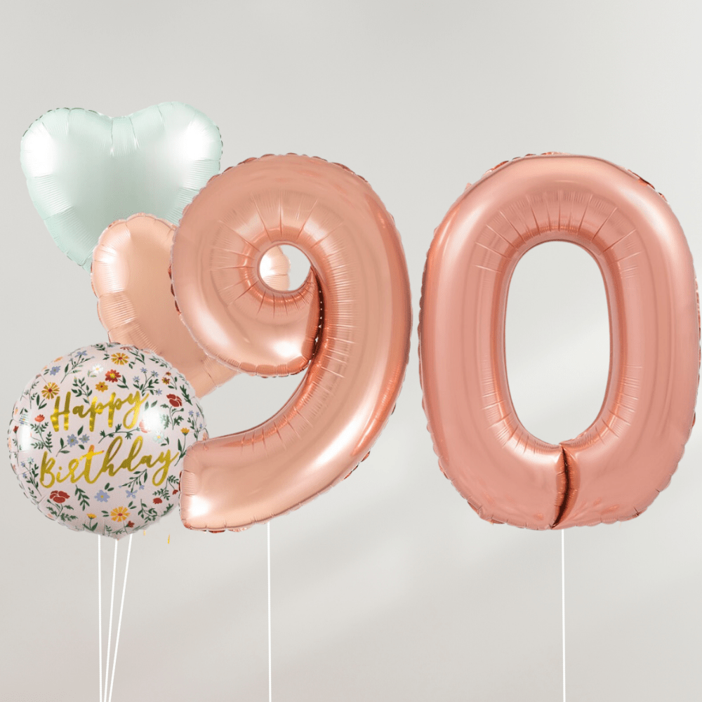 90 År Ballongbukett - Rosegold Pastel Hearts - Ballonglevering.no