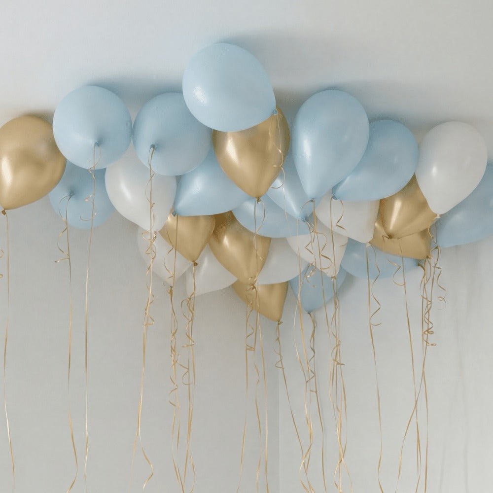 Soft Blue and Gold Takballonger - Ballonglevering.no