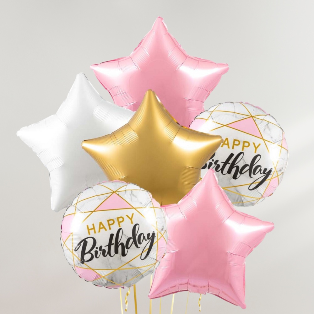 Rosa og Gull Stjerner Happy Birthday Ballongbukett