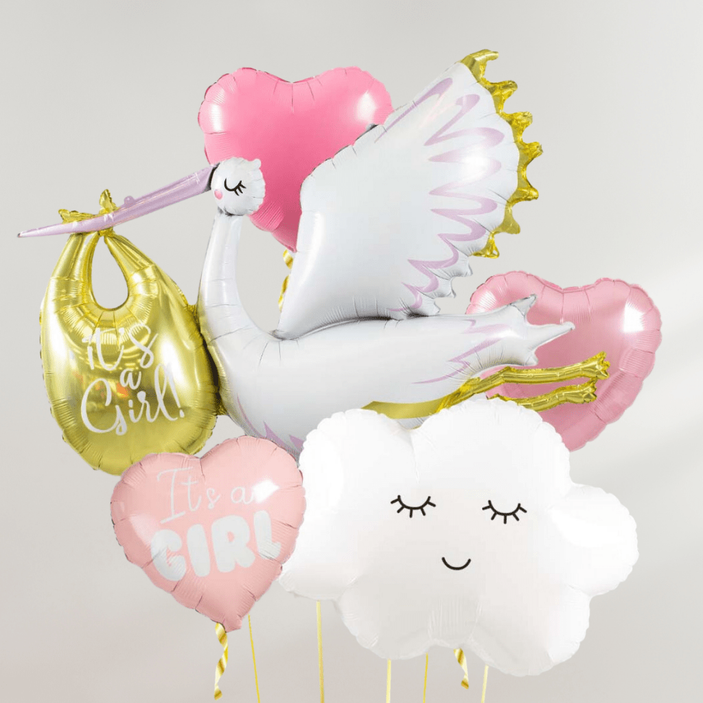 Baby Girl Stork & Cloud Ballongbukett - Ballonglevering.no