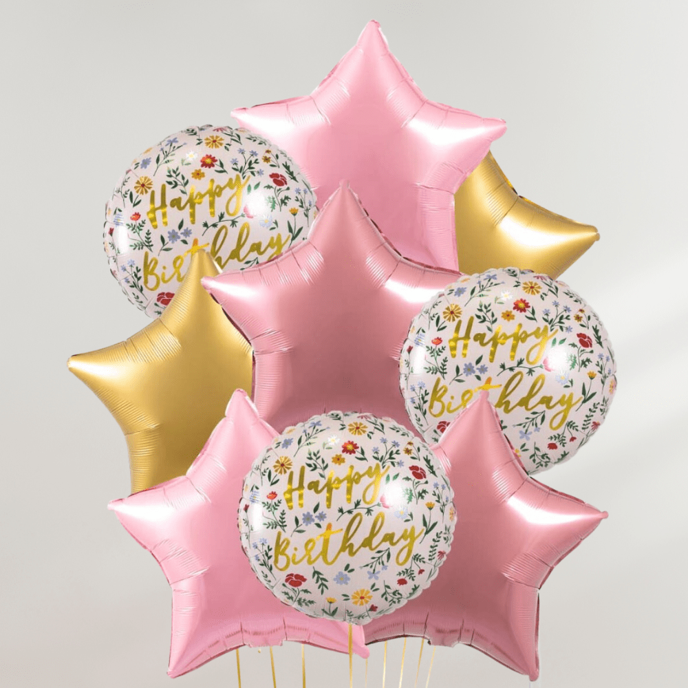 Happy Birthday Floral Stars Ballongbukett - Ballonglevering.no