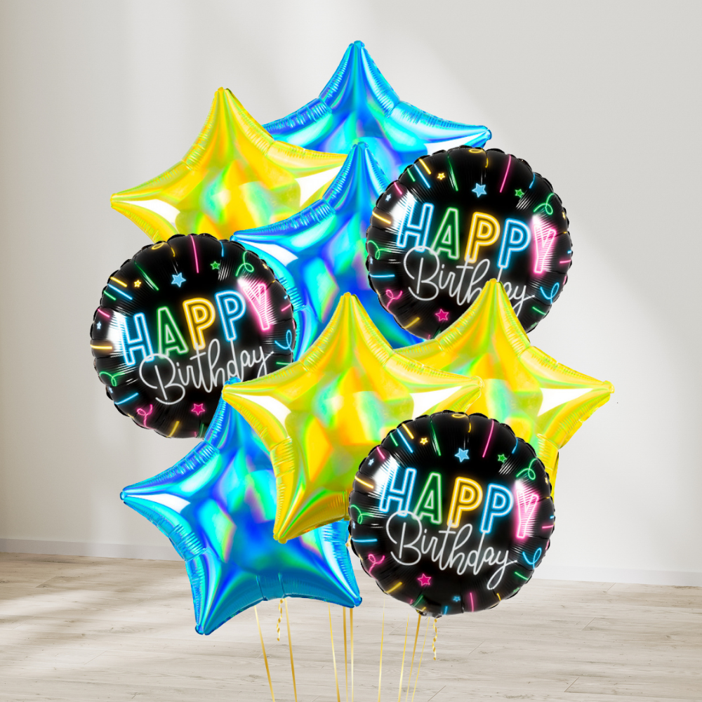 Neon Blå og Gul Happy Birthday Ballongbukett - Ballonglevering.no