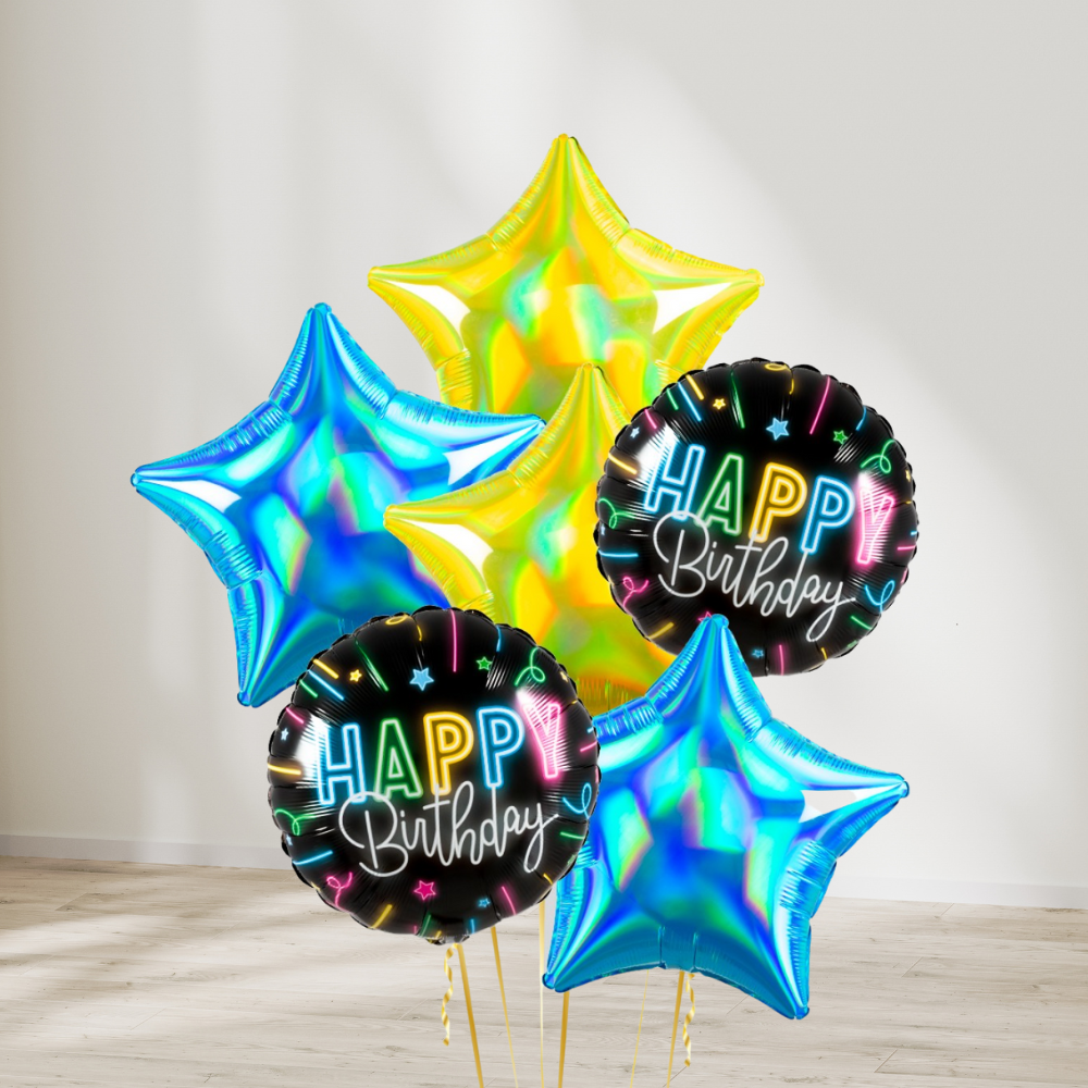 Neon Blå og Gul Happy Birthday Ballongbukett - Ballonglevering.no