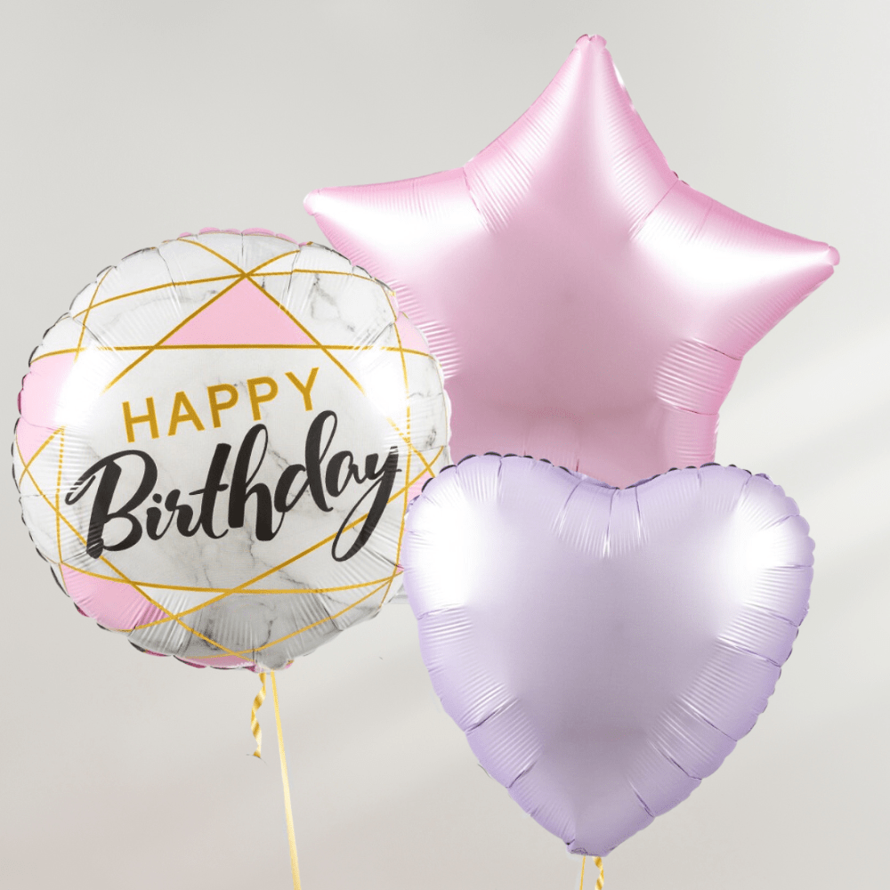 Rosa & Lilla Marble Happy Birthday Ballongbukett - Ballonglevering.no