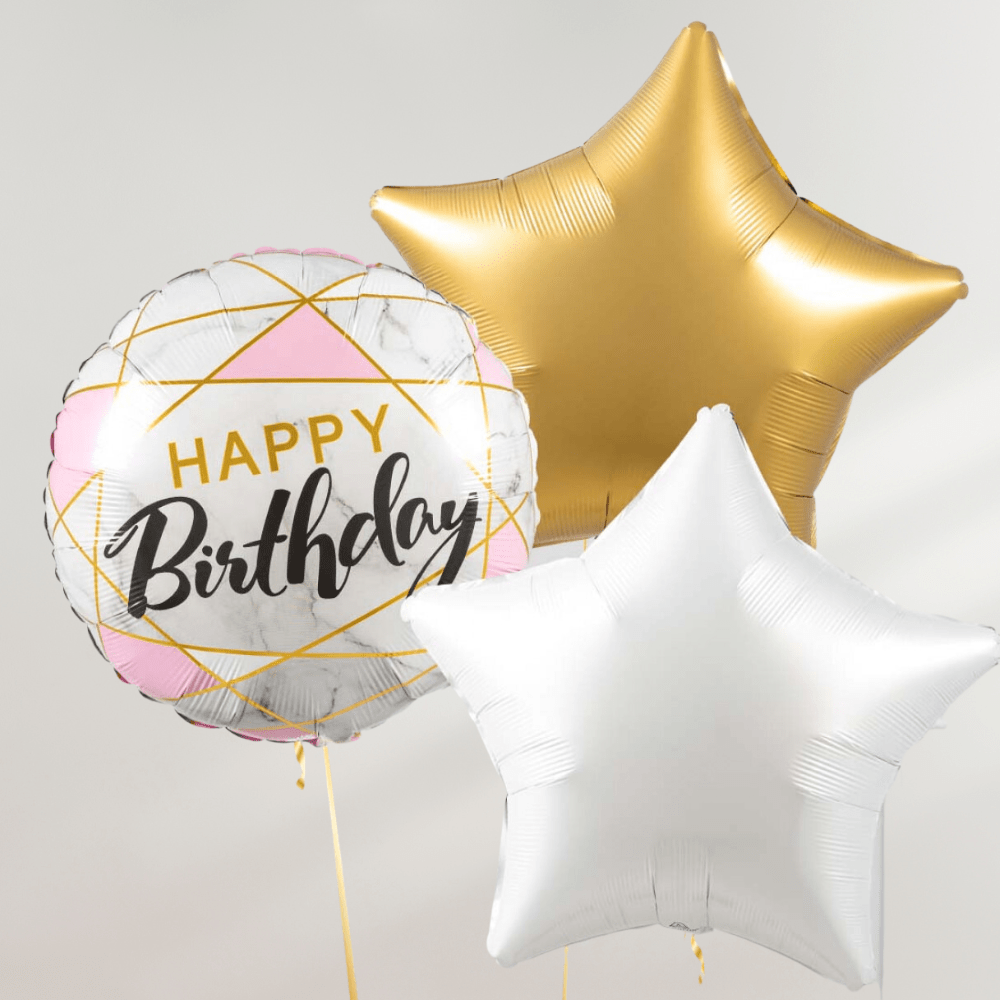 Rosa og Gull Stjerner Happy Birthday Ballongbukett - Ballonglevering.no