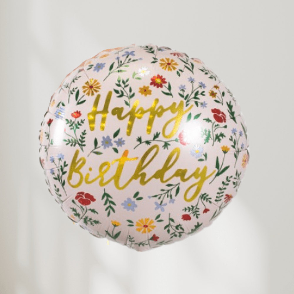 Rund Happy Birthday Blomster - Ballonglevering.no