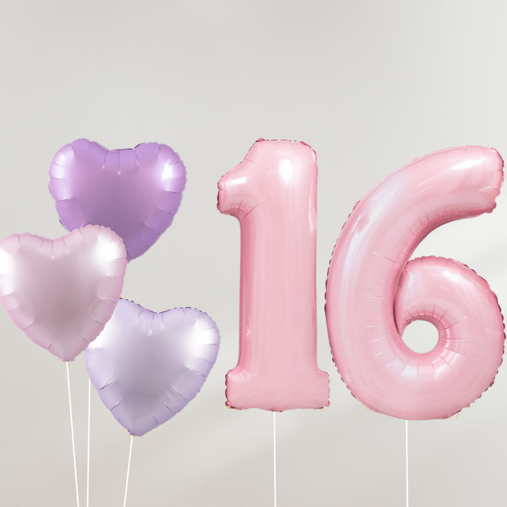 16 År Ballongbukett - Pink Pastel Hearts - Ballonglevering.no