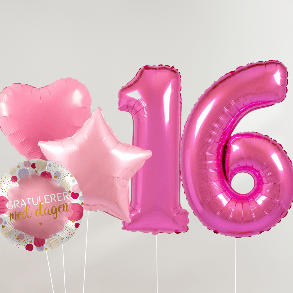 16 År Ballongbukett - Rosa Hjerter og Stjerner - Ballonglevering.no