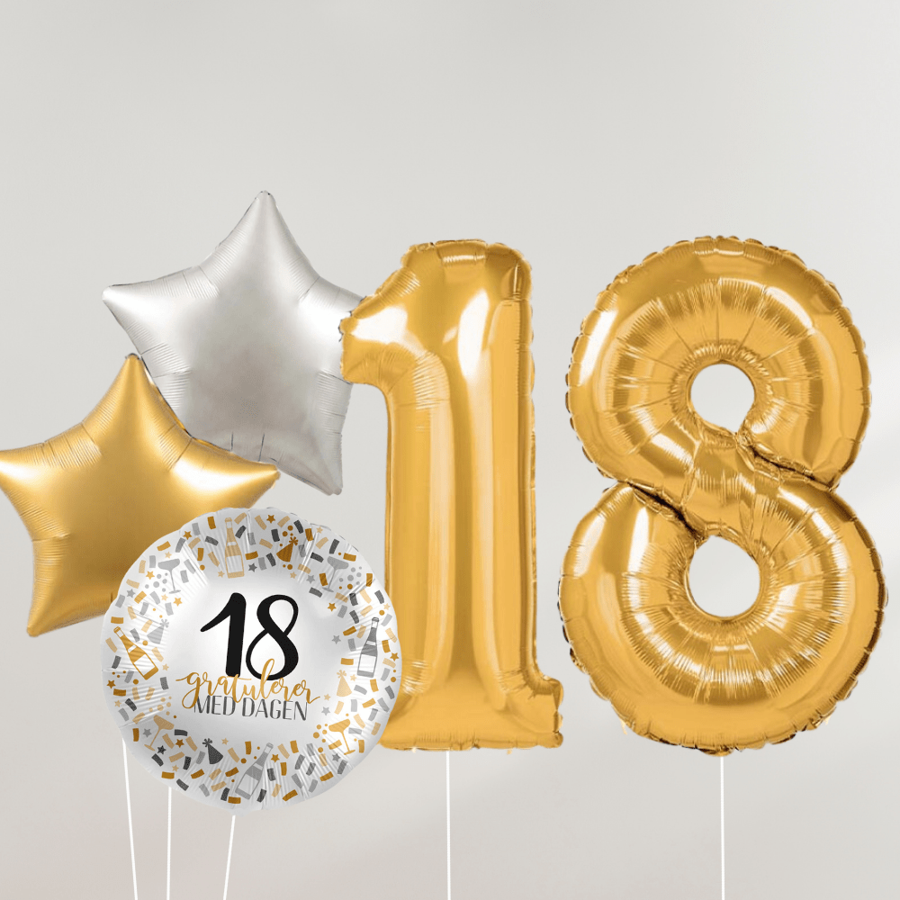18 År Ballongbukett - Gold Silver Stars - Ballonglevering.no