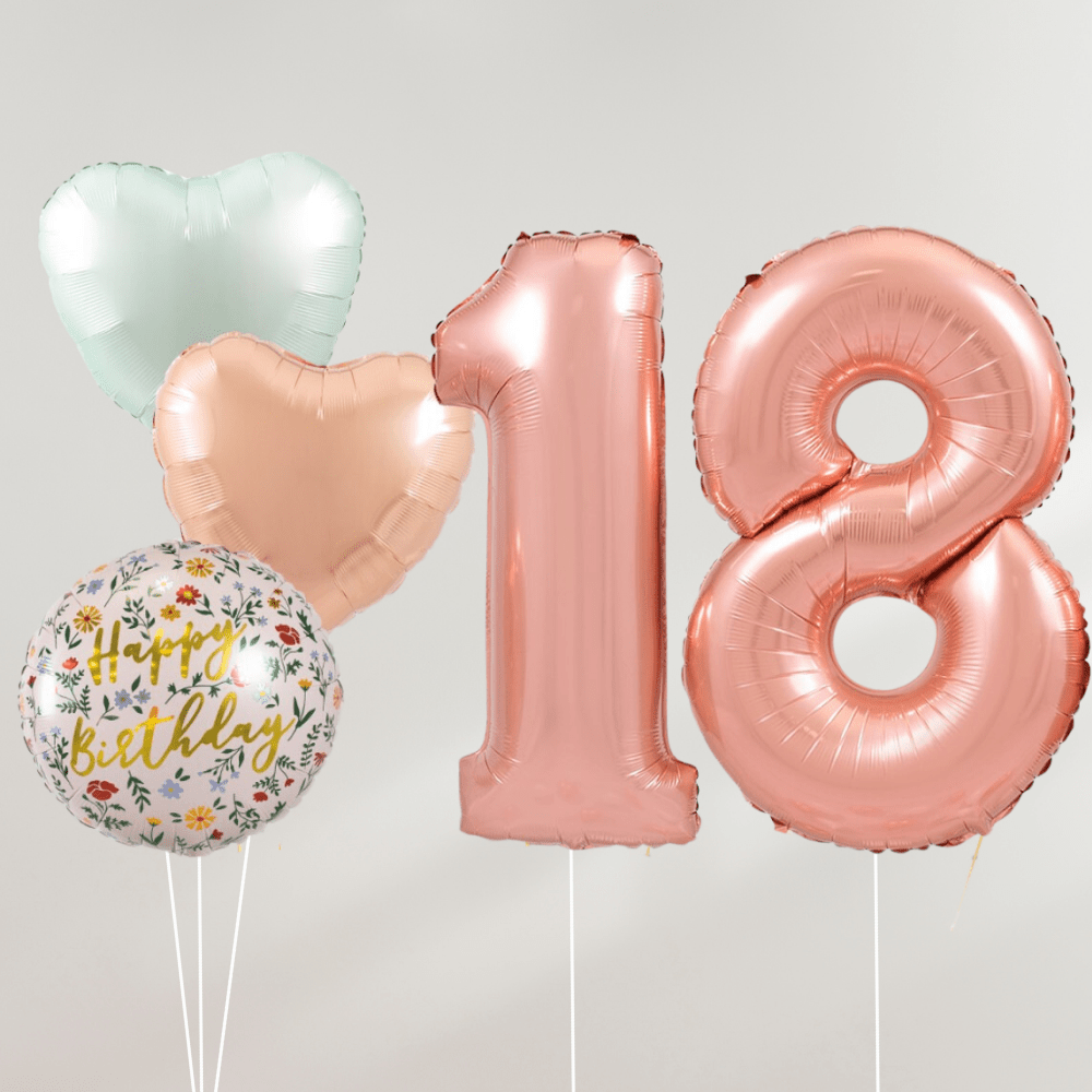 18 År Ballongbukett - Rosegold Pastel Hearts - Ballonglevering.no