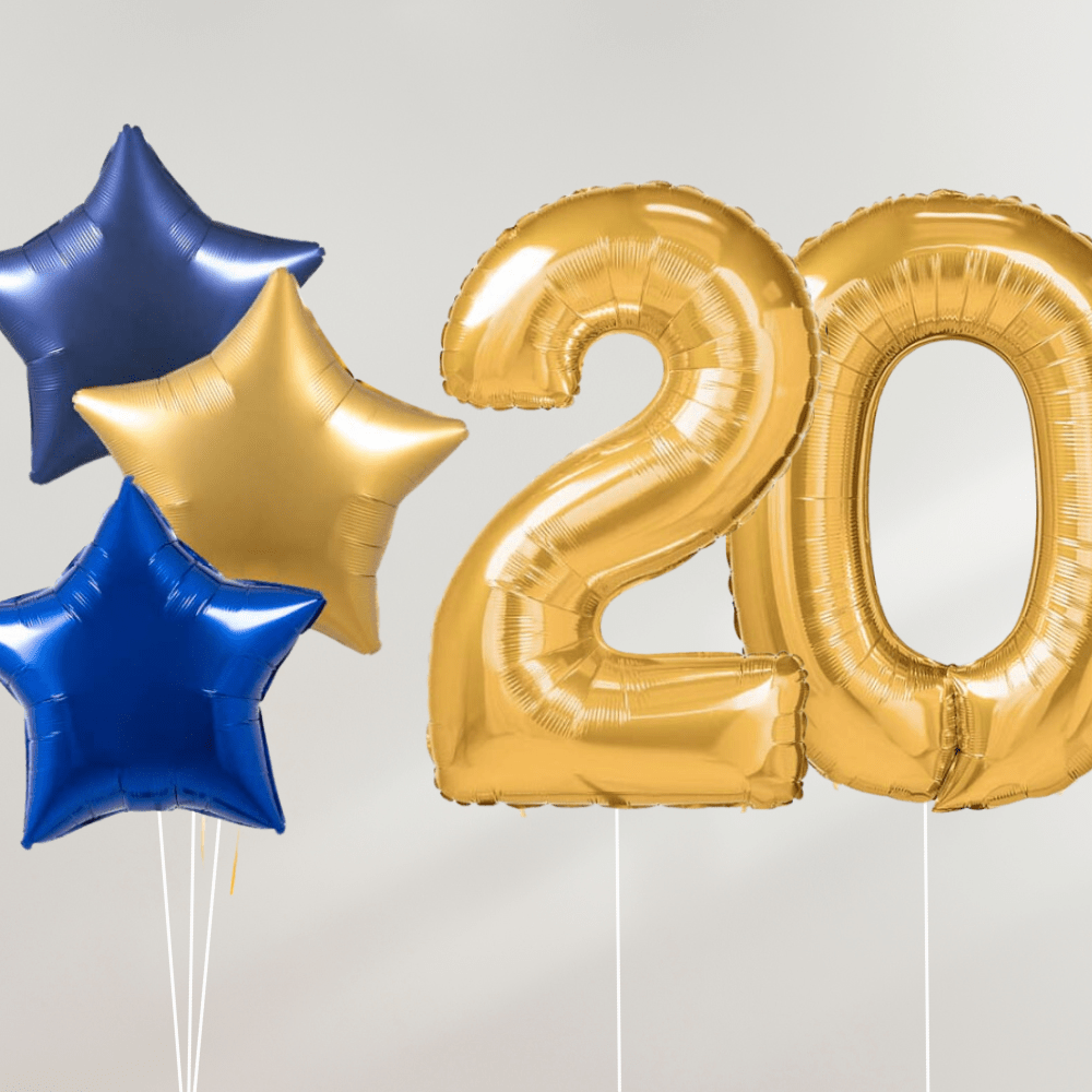 20 År Ballongbukett - Gold Blue Stars - Ballonglevering.no