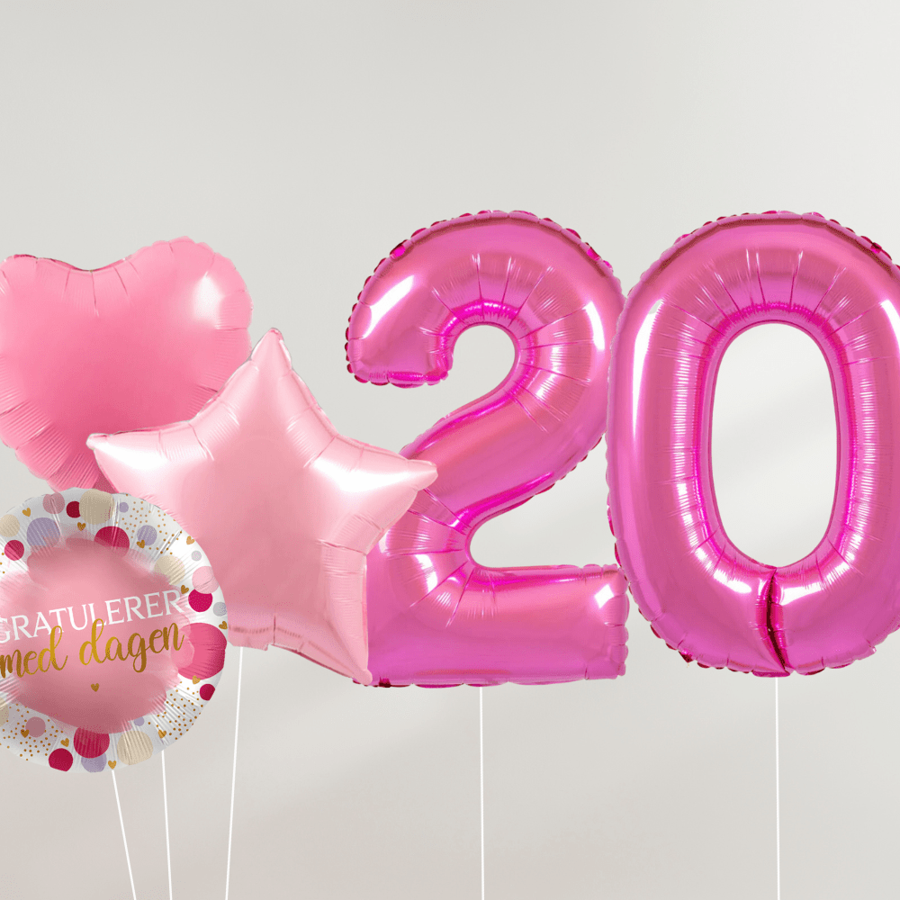 20 År Ballongbukett - Rosa Hjerter og Stjerner - Ballonglevering.no