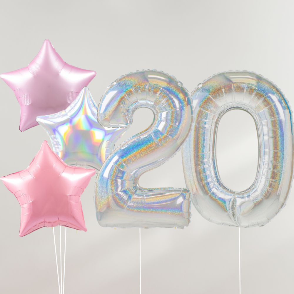 20 År Ballongbukett - Silver  Pink Stars