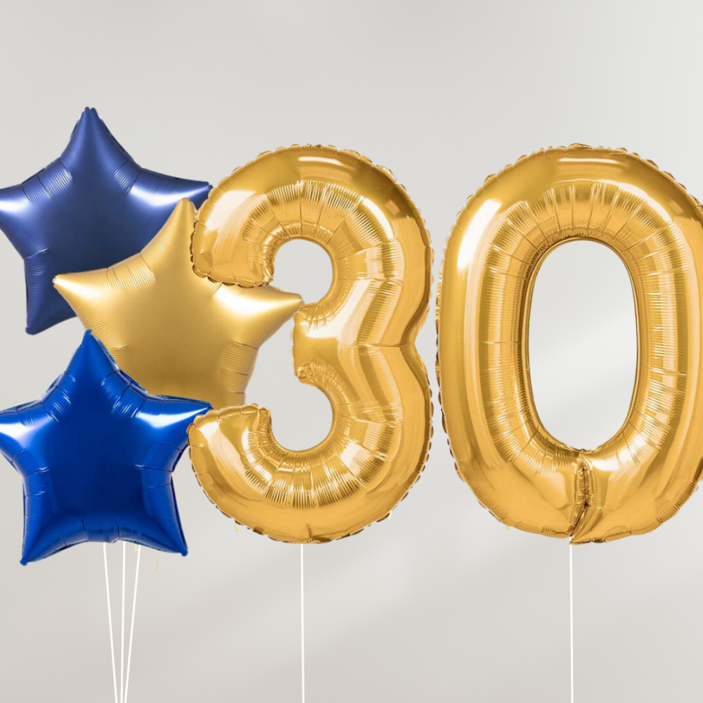 30 År Ballongbukett - Gold Blue Stars