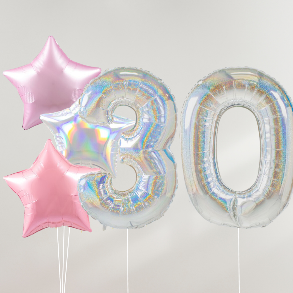 30 År Ballongbukett - Silver  Pink Stars