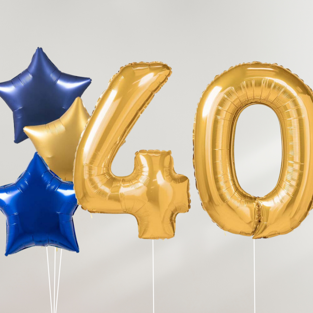 40 År Ballongbukett - Gold Blue Stars