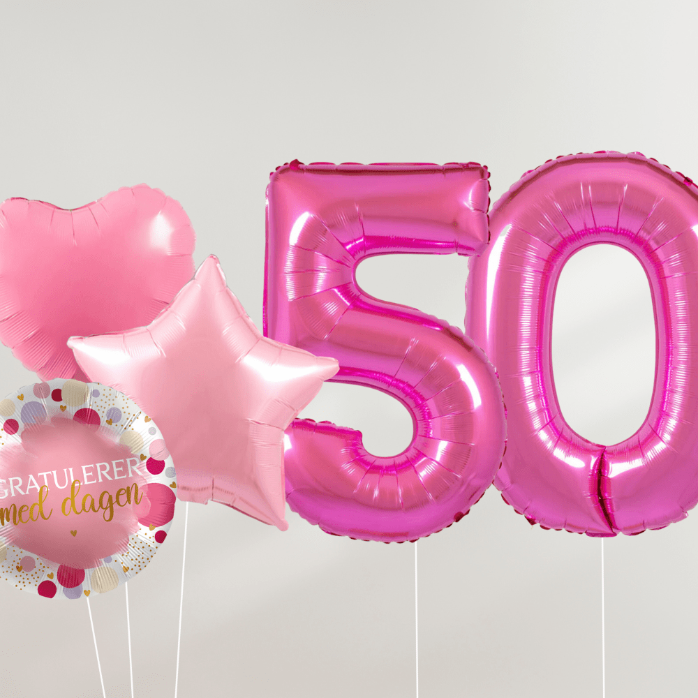 50 År Ballongbukett - Rosa Hjerter og Stjerner - Ballonglevering.no