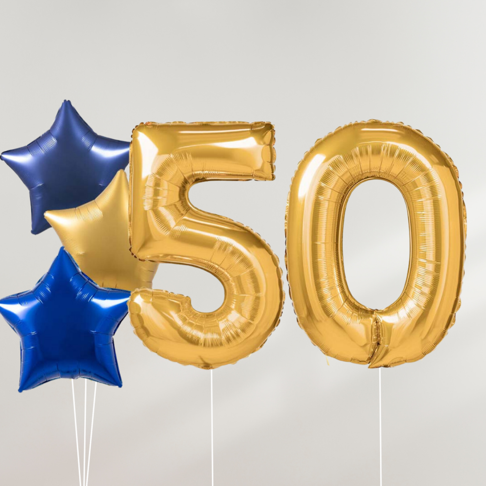 50 År Ballongbukett - Gold Blue Stars
