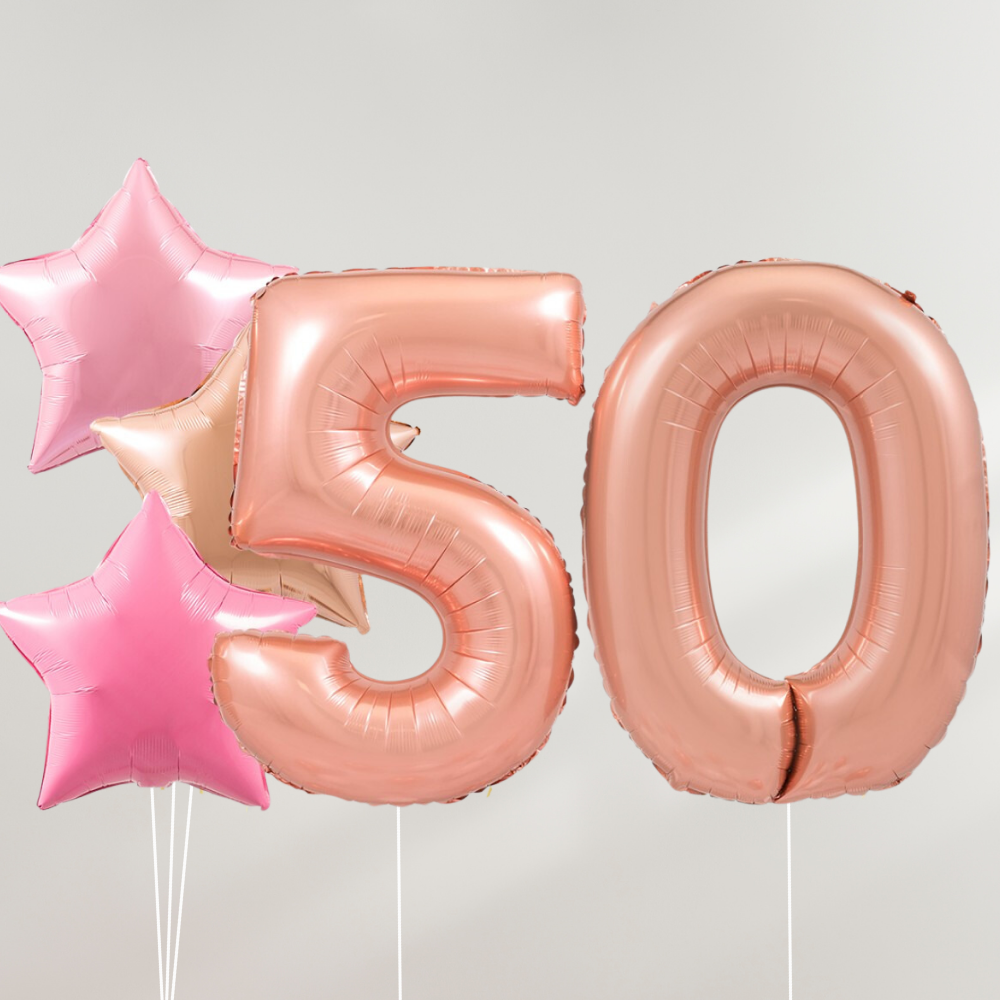 50 År Ballongbukett - Rosegold Pink Stars