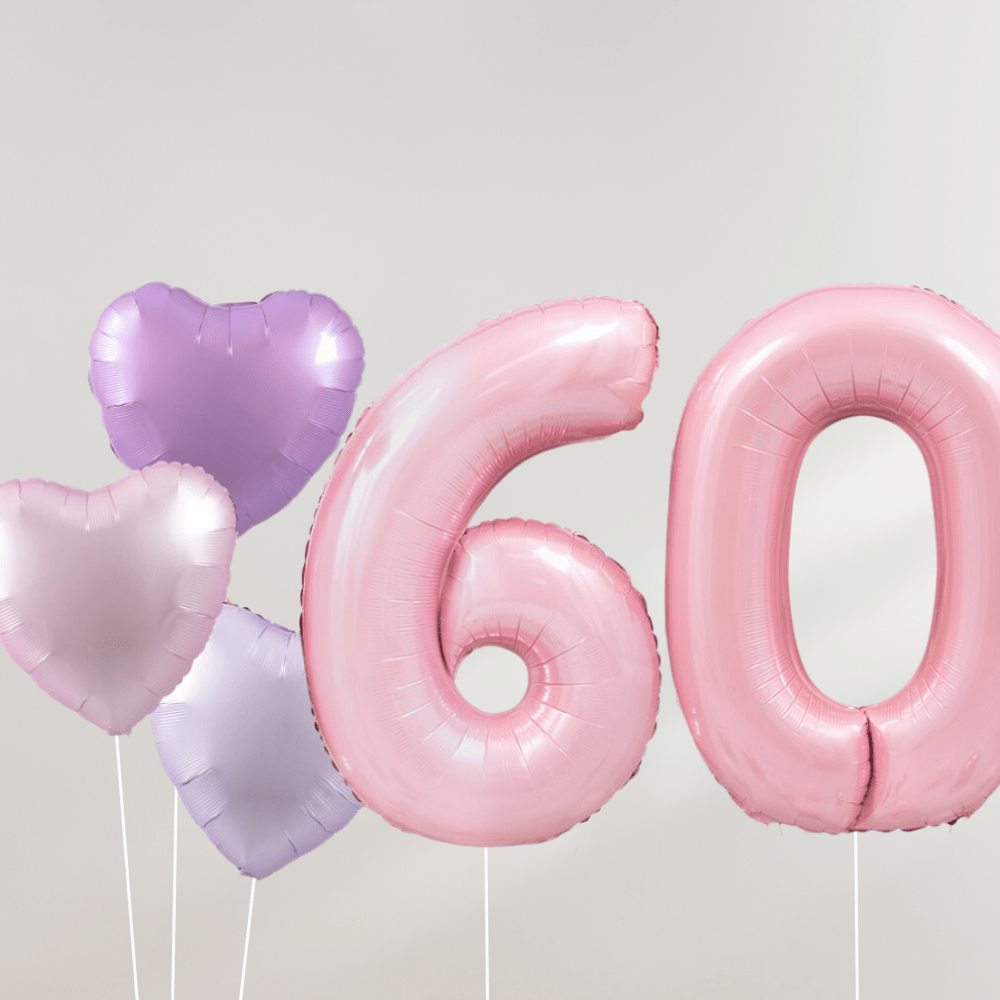 60 År Ballongbukett - Pink Pastel Hearts - Ballonglevering.no