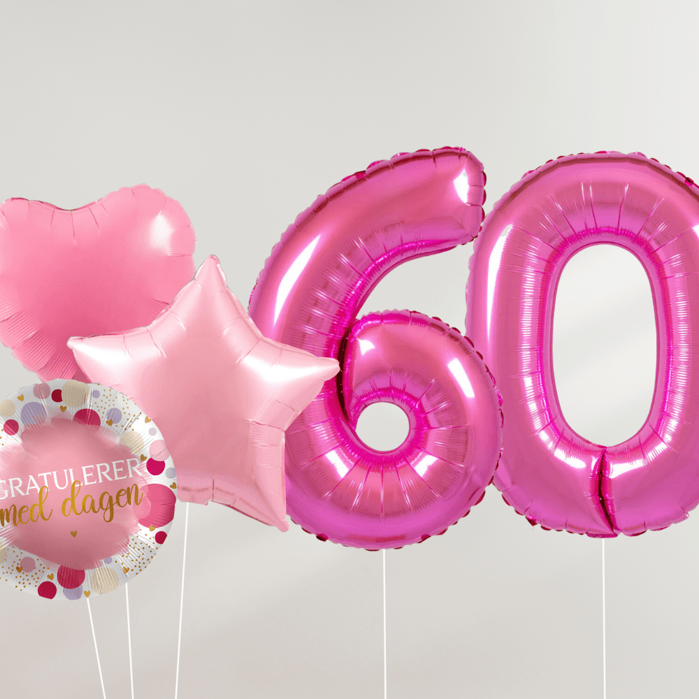 60 År Ballongbukett - Rosa Hjerter og Stjerner - Ballonglevering.no