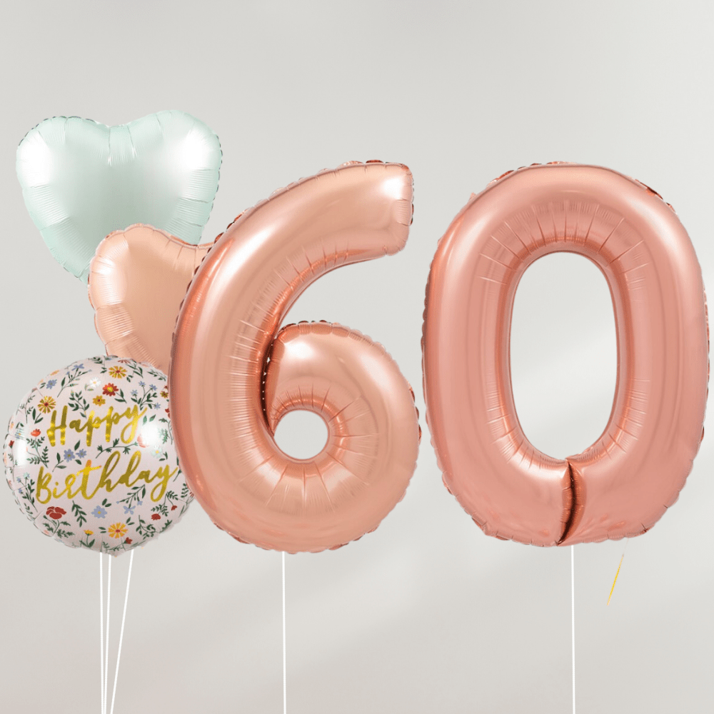 60 År Ballongbukett - Rosegold Pastel Hearts - Ballonglevering.no