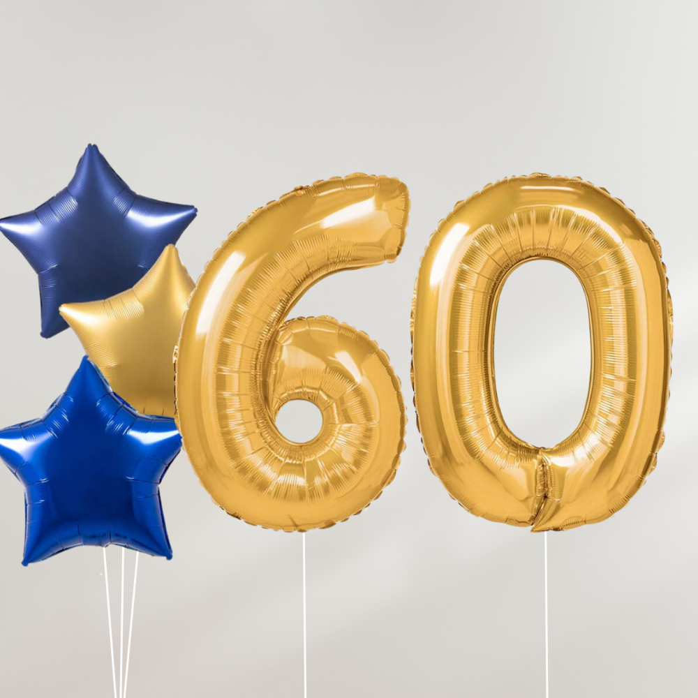 60 År Ballongbukett - Gold Blue Stars