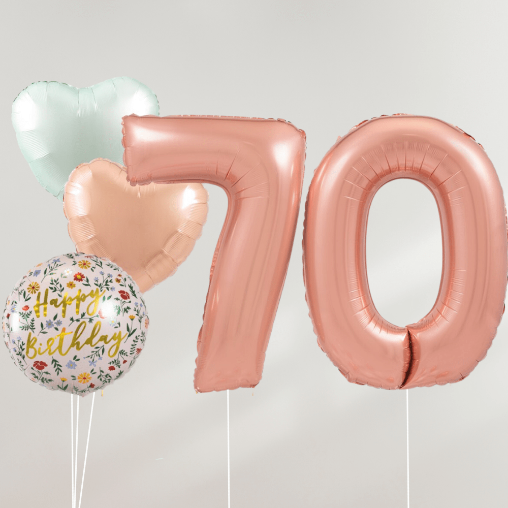 70 År Ballongbukett - Rosegold Pastel Hearts - Ballonglevering.no