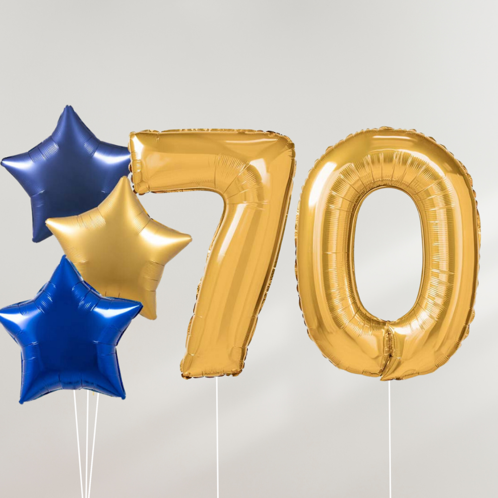 70 År Ballongbukett - Gold Blue Stars