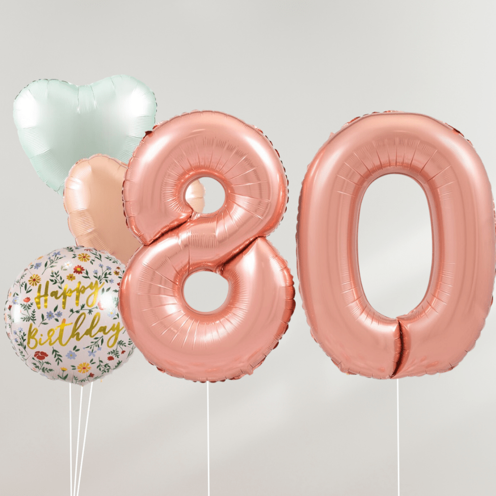 80 År Ballongbukett - Rosegold Pastel Hearts - Ballonglevering.no