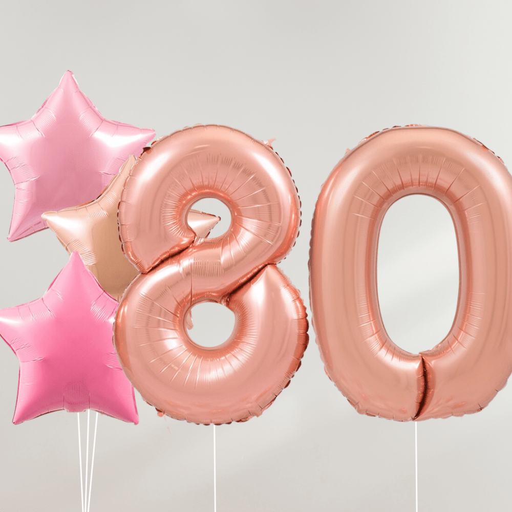 80 År Ballongbukett - Rosegold Pink Stars - Ballonglevering.no