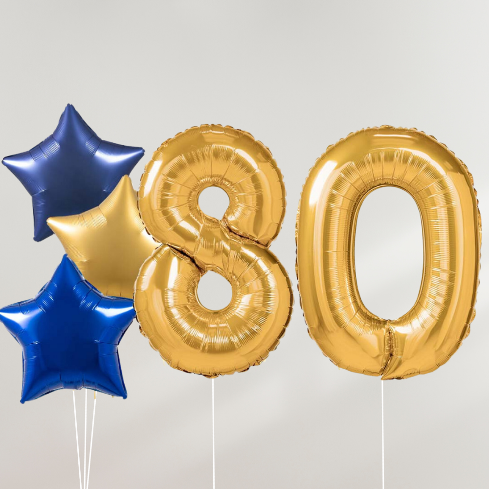 80 År Ballongbukett - Gold Blue Stars