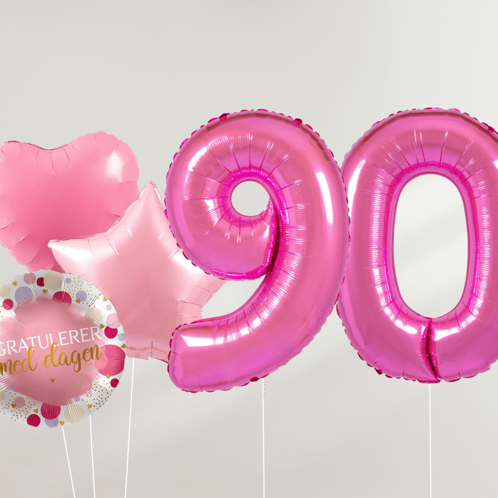 90 År Ballongbukett - Rosa Hjerter og Stjerner - Ballonglevering.no