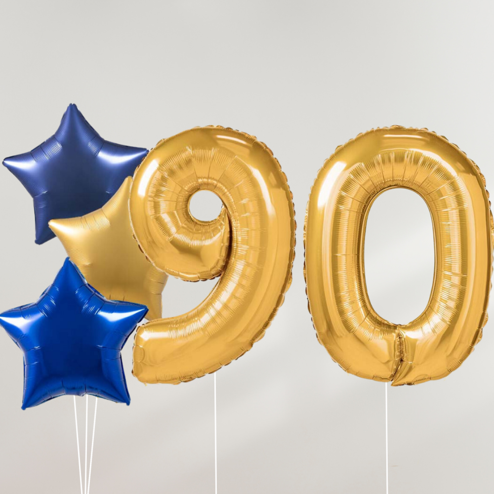 90 År Ballongbukett - Gold Blue Stars