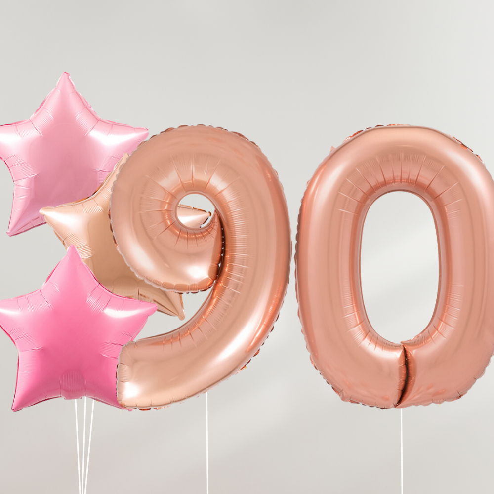 90 År Ballongbukett - Rosegold Pink Stars